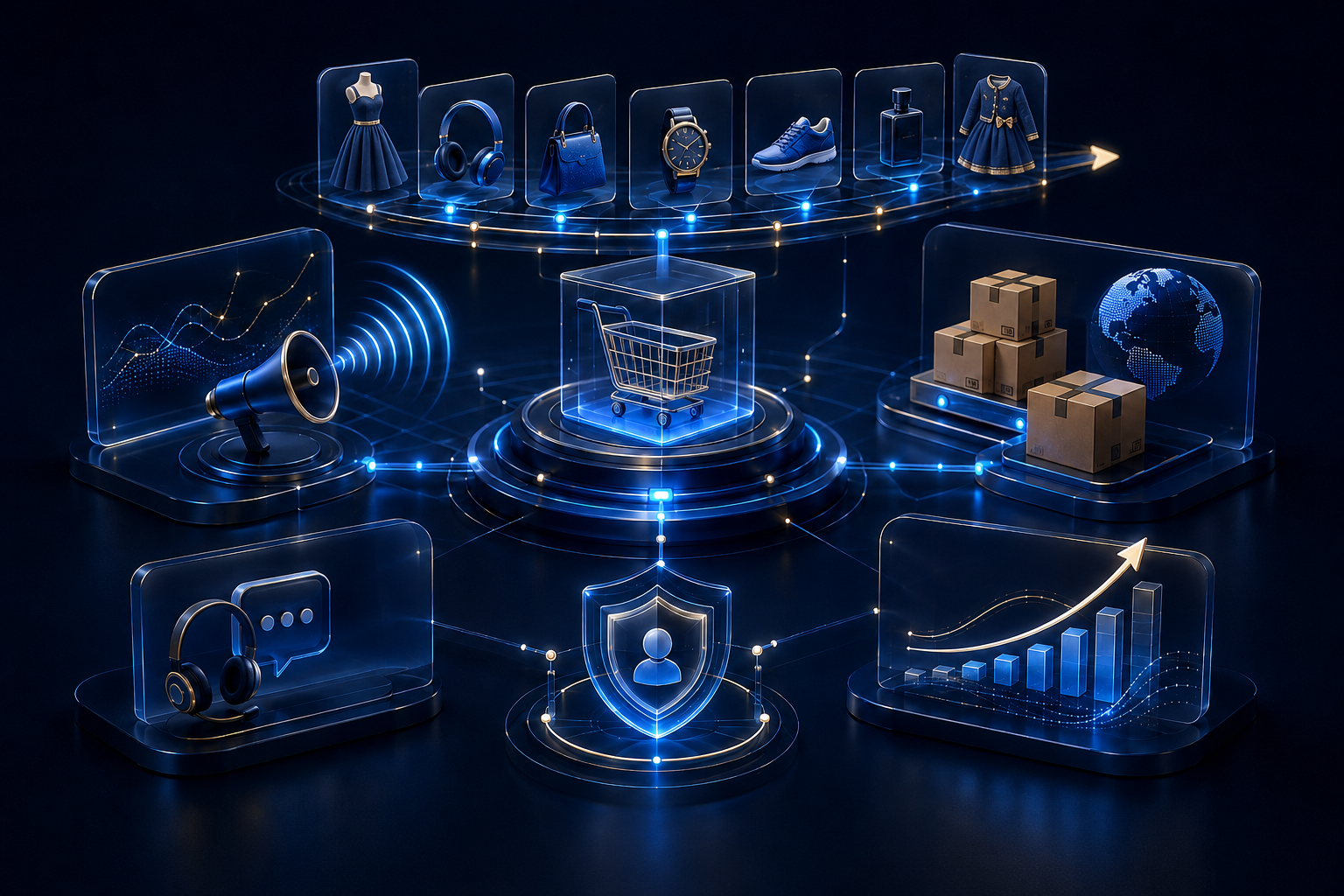 Connected e-commerce catalogue, advertising, operations, support and growth ecosystem